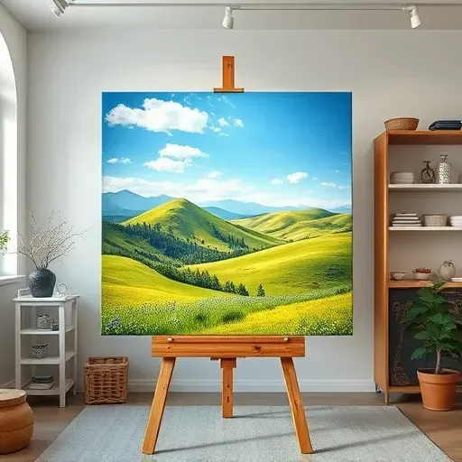 Completed painting in Superior CO showcasing vibrant colors of a serene Colorado landscape in a neat gallery setting.