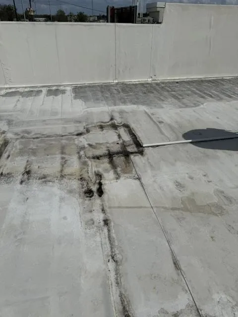 TPO roof surface deterioration and moisture staining on commercial building – LAP Services Louisiana