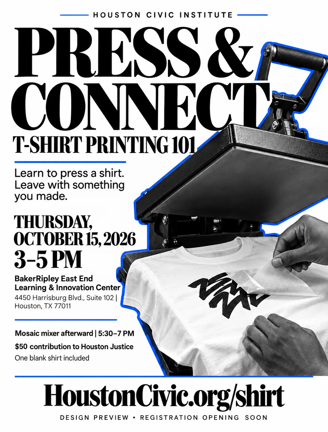 Press & Connect: T-Shirt Printing 101, October 15, 3–5 p.m.; Mosaic mixer 5:30–7 p.m.