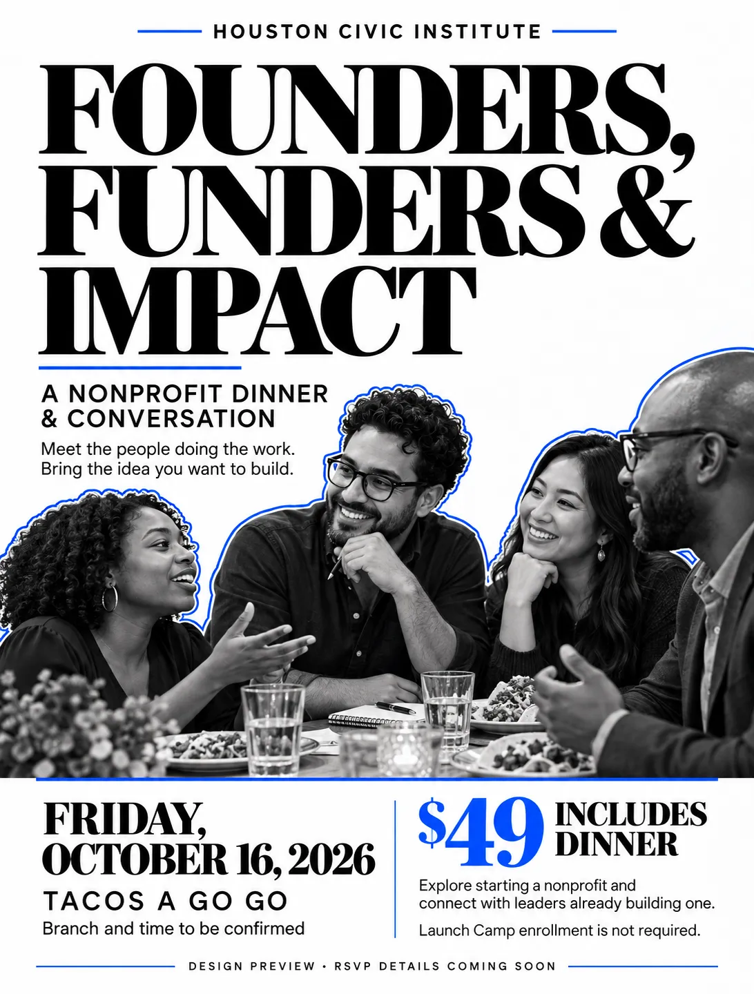 Founders, Funders & Impact nonprofit dinner, Friday October 16, 2026.