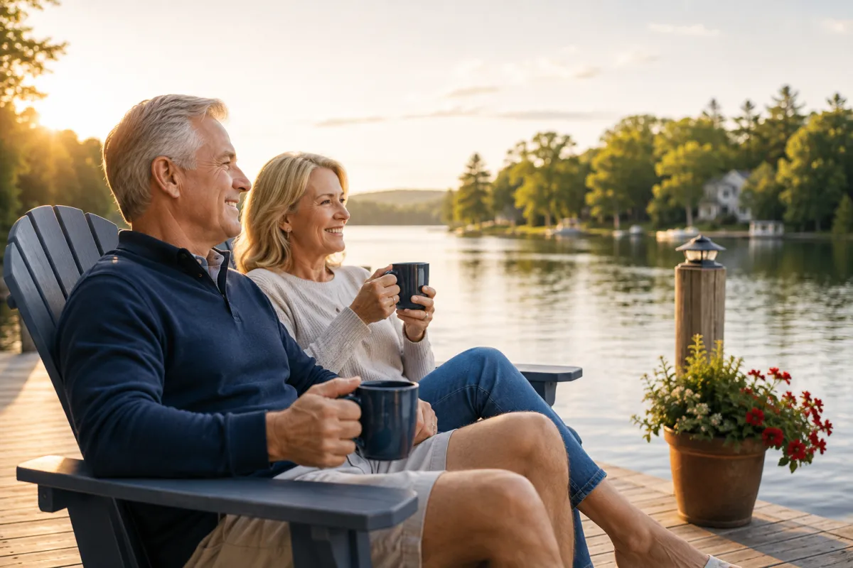 Retired couple relaxing by a lake