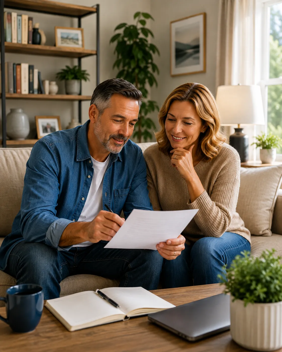 Couple discussing life insurance and financial planning at home