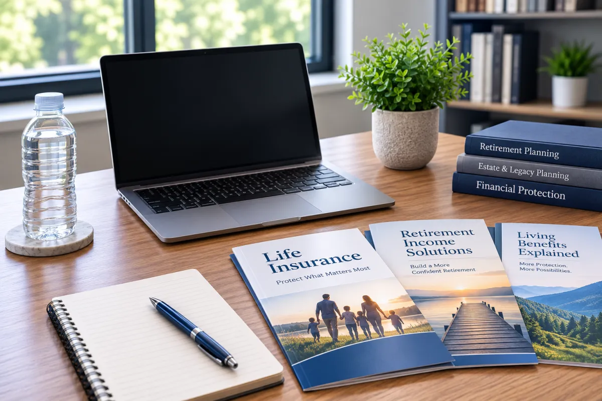 Insurance and retirement planning resources arranged on a professional workspace