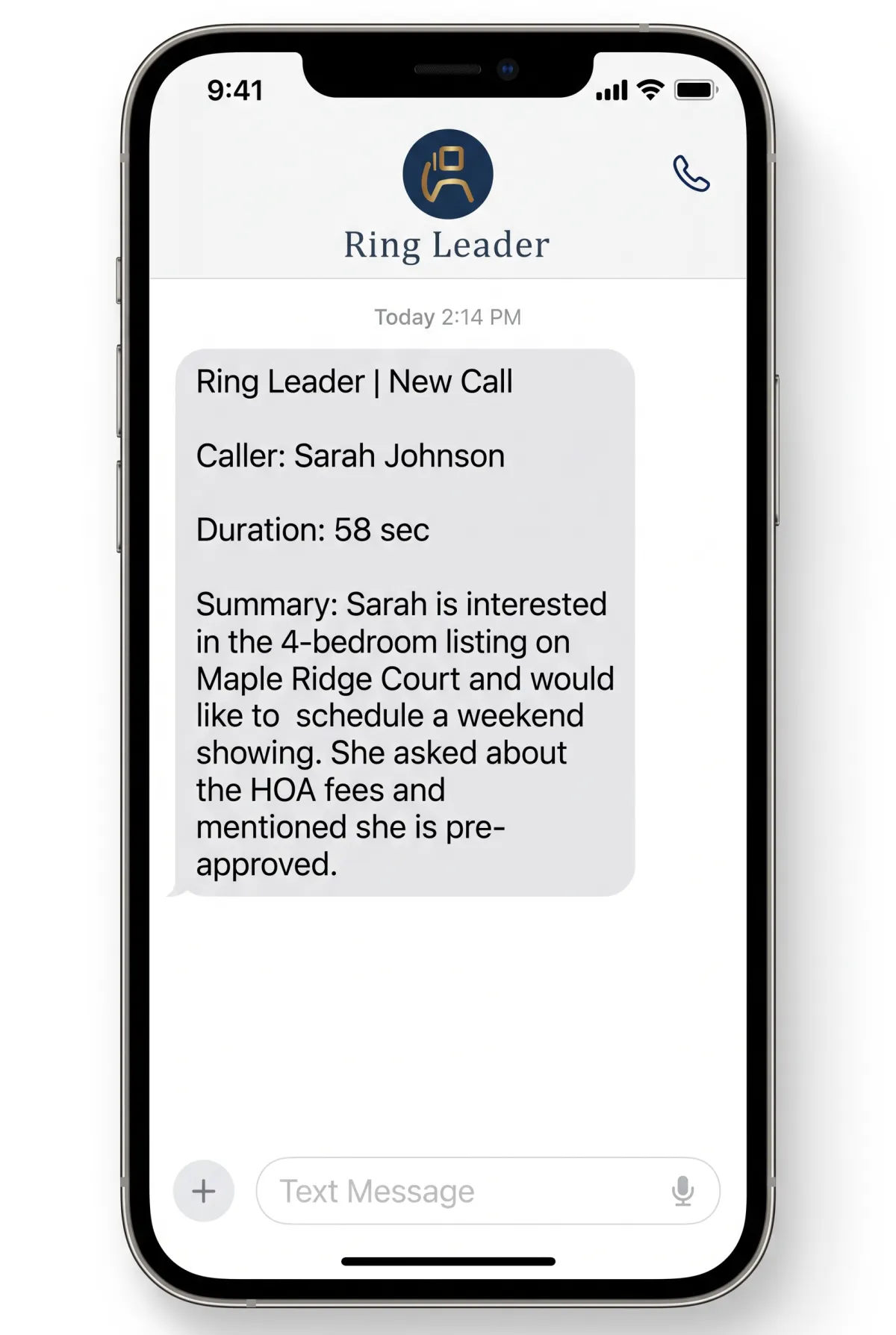 SMS notification mockup showing a summary text after a call