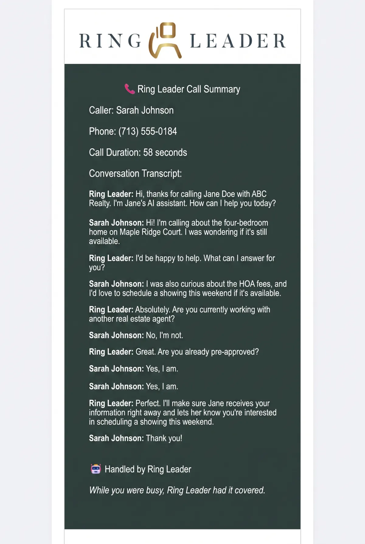 Email transcript mockup showing full conversation details