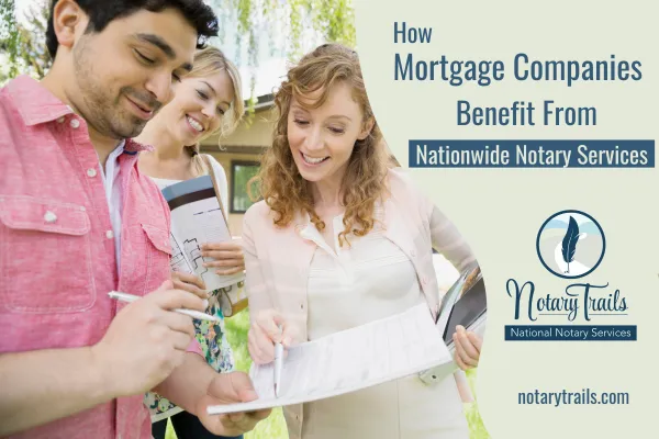 a couple signing a document in front of a house with a mortgage professional and the title of the blog on the image