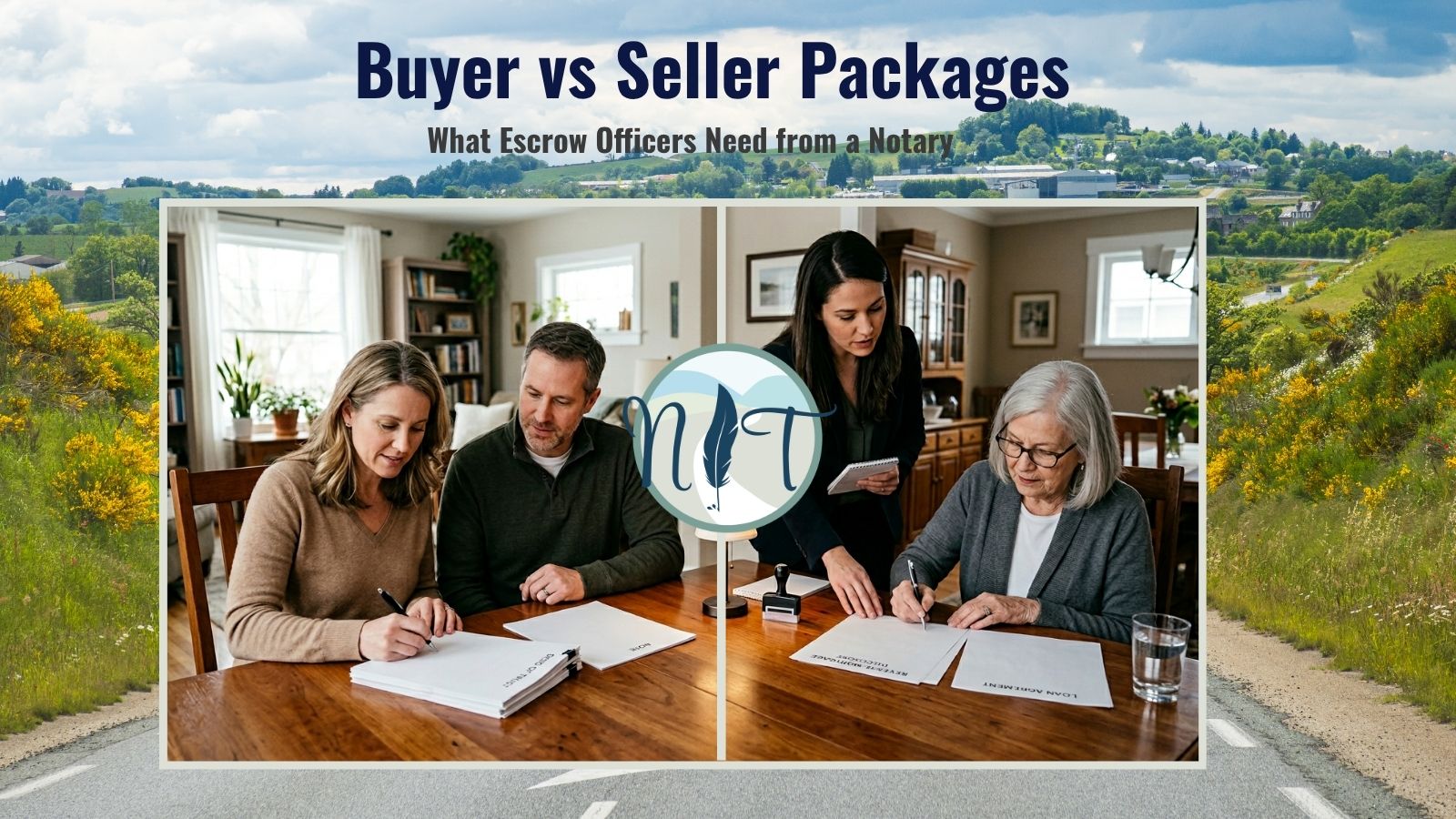 the title Buyer vs seller packages and what escrow officers need from a notary on the image with an image of a couple signing papers on one side and a woman signing papers with a notary on the other side to illustrate buyers and sellers with a notary