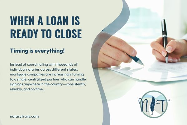 when a loan is ready to close, timing is everything! an image showing a document being signed and notarized