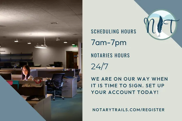 image of a mortgage office after hours with a real estate agent looking for a notary