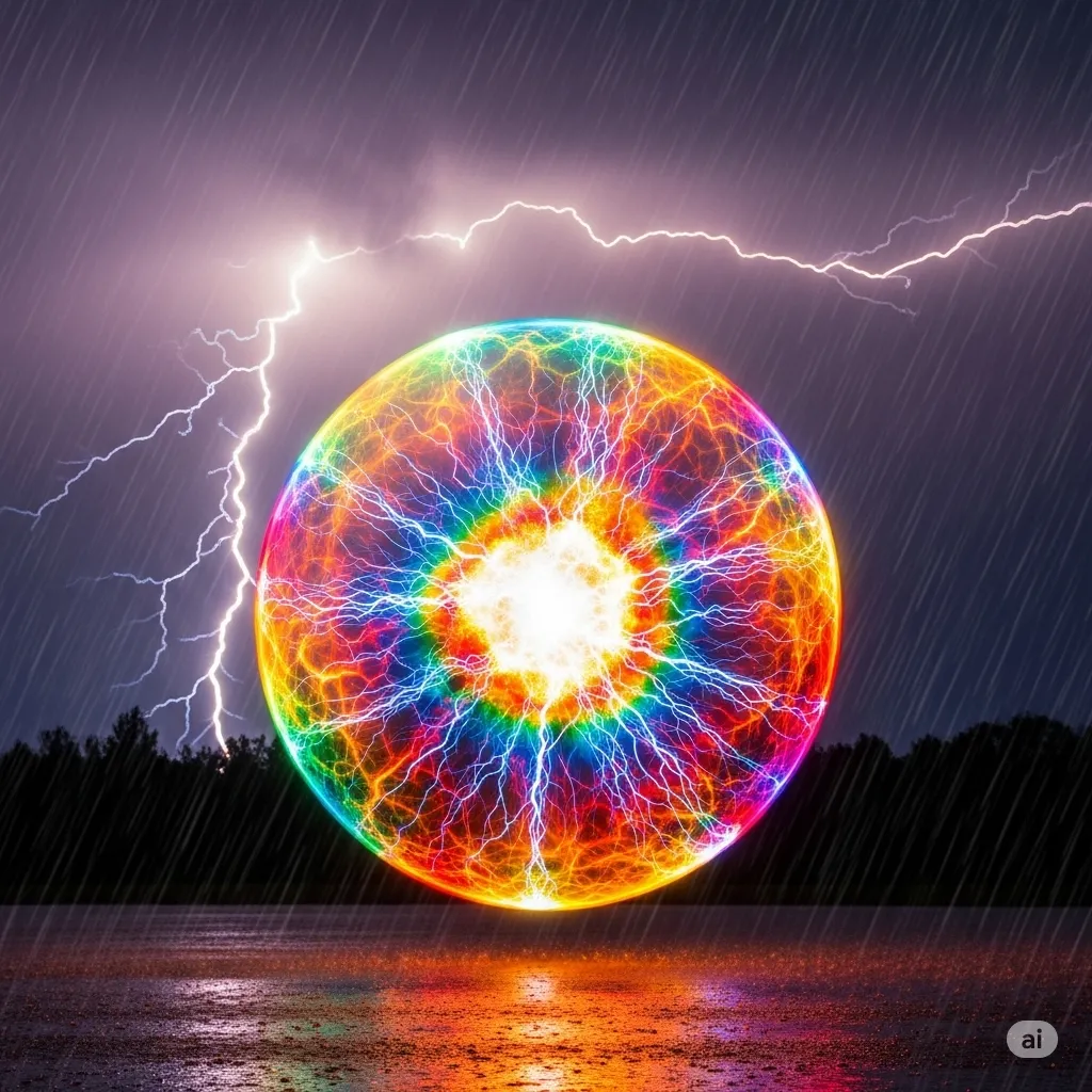 Image, Quantum Artwork, Plasma Ball in lake water with lighting beam splits into two different directions over plasma ball (Center) covers the majority of the composition