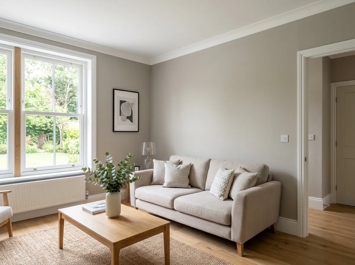 Find a picture of a beautifully painted, bright exterior of a house, or a professional painter applying a fresh, clean color to a modern living room wall.