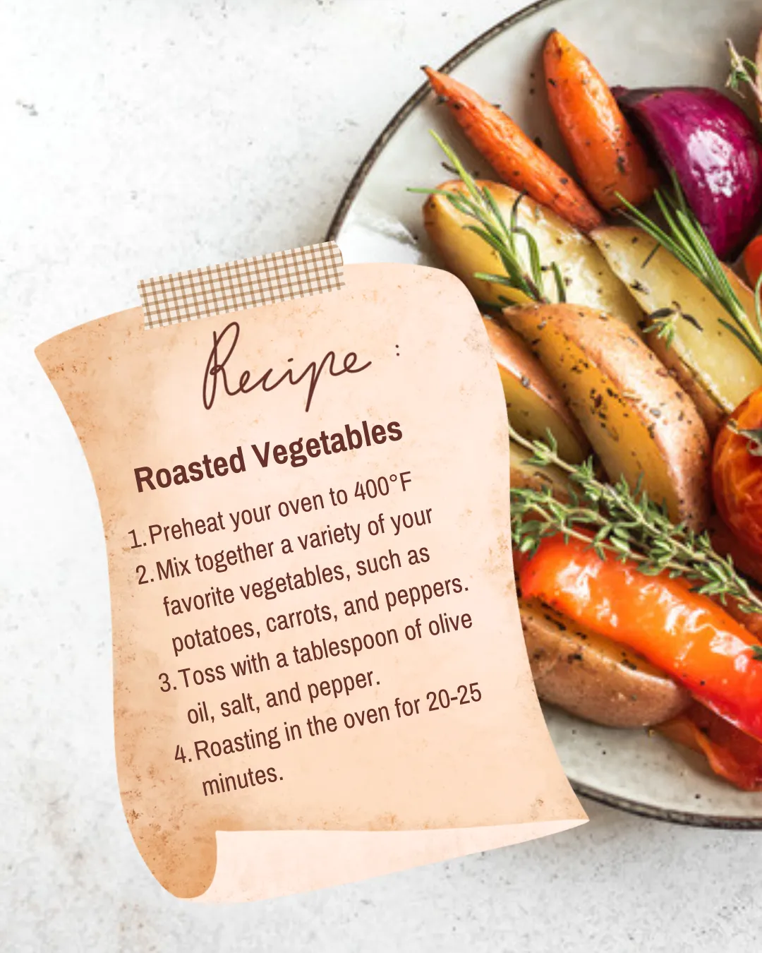 Plate of colorful roasted vegetables including carrots, potatoes, and peppers.