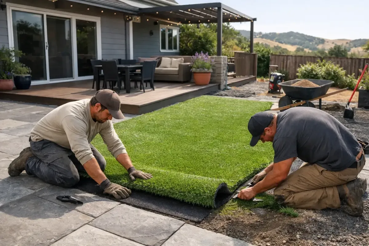 Residential lawn conversion in Petaluma CA with durable artificial turf installation