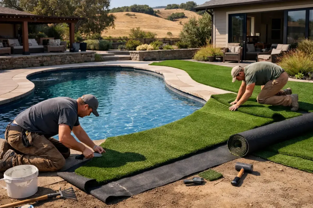 Professional lawn conversion services in Petaluma CA with synthetic grass installers at work