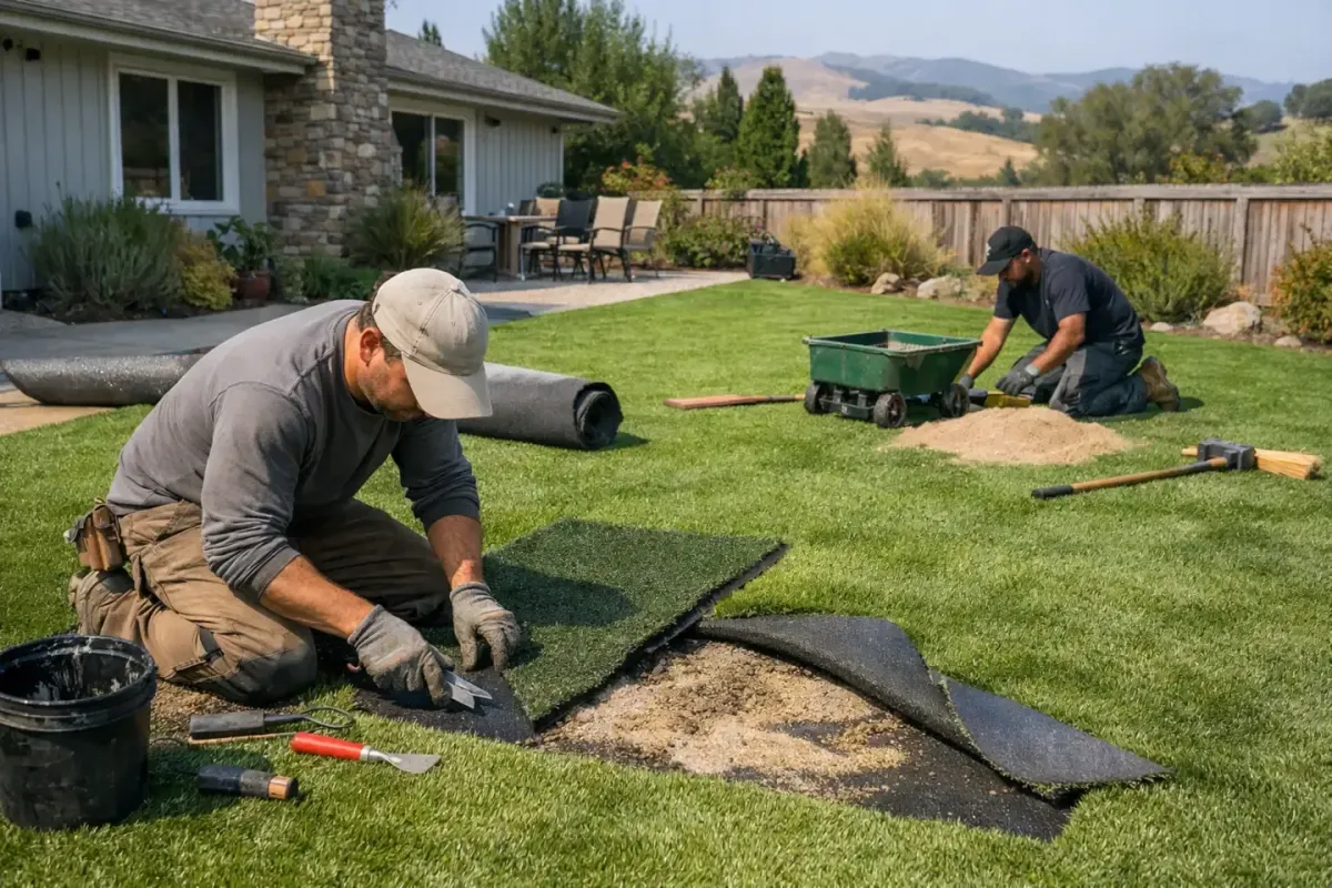 Residential lawn conversion in Petaluma CA with durable artificial turf installation