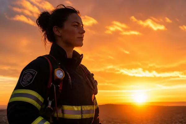 First responder standing at sunrise symbolizing hope, resilience, and healing after trauma.