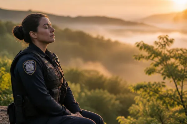 A first responder sits quietly outdoors at sunrise, practicing mindfulness and deep breathing to reduce stress and restore emotional balance