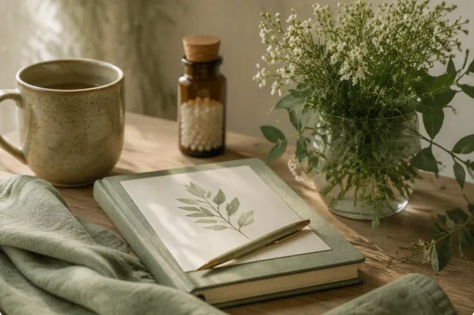 Warm and supportive homeopathic care consultation setting with calming natural elements