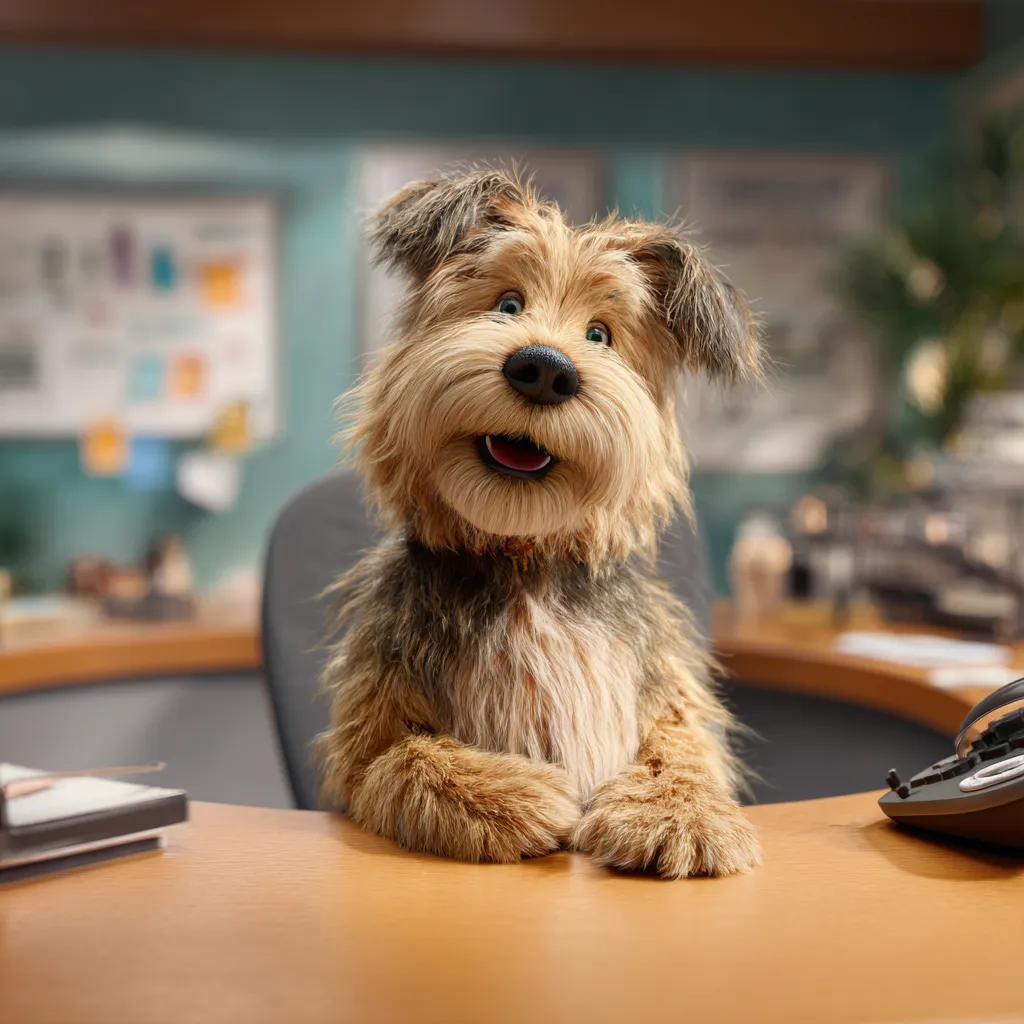Friendly dog at office desk representing Bizzy Boss AI working for you while you're away