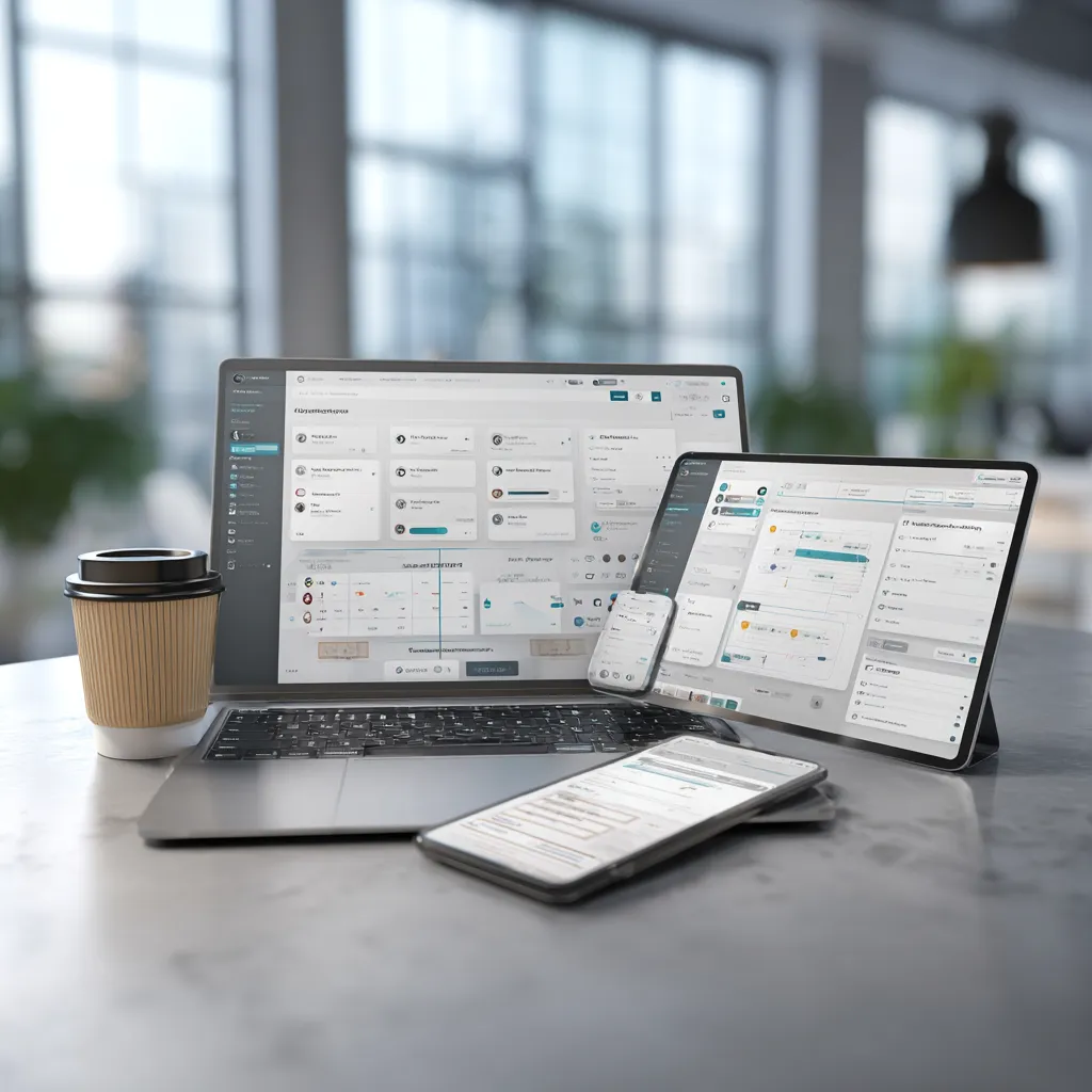 Bizzy Boss AI management system displayed across laptop, tablet and phone for tradie business management
