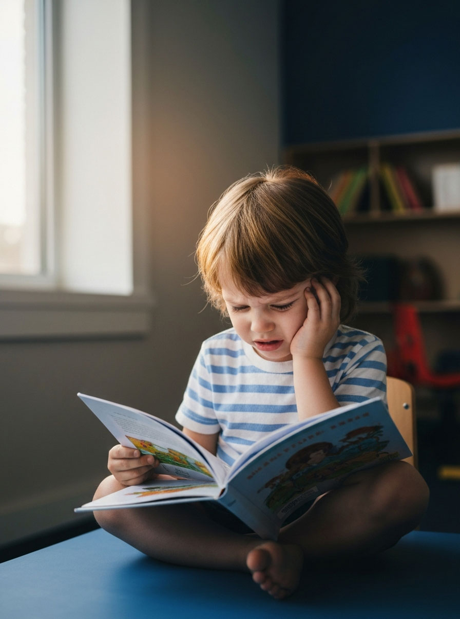 A child transitioning from frustration to focus while reading