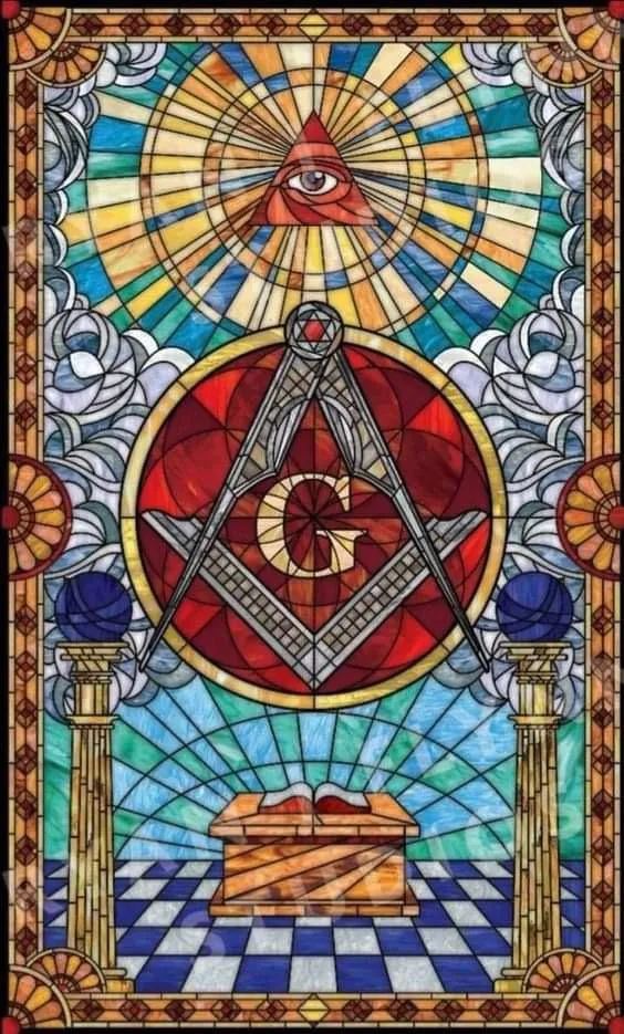 "Stained glass window featuring Masonic Square and Compasses symbol with the all-seeing eye, representing the fraternity's guiding principles of enlightenment and brotherhood."