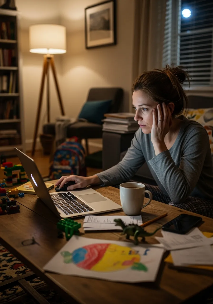 middle-aged woman sitting at table looking intently at laptop, evening