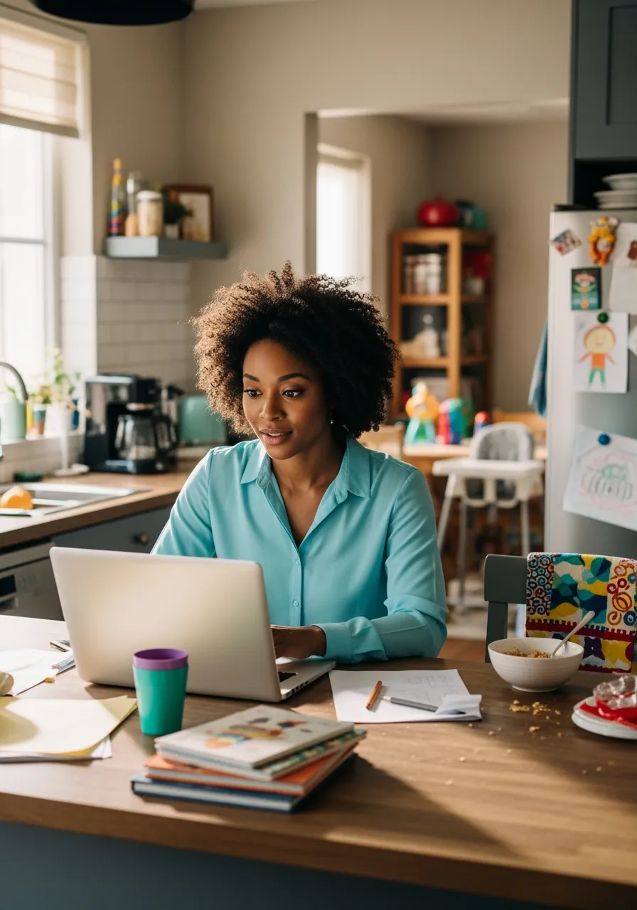 african american middle-aged woman sitting at table working on a laptop, slighty excited or hopeful expression