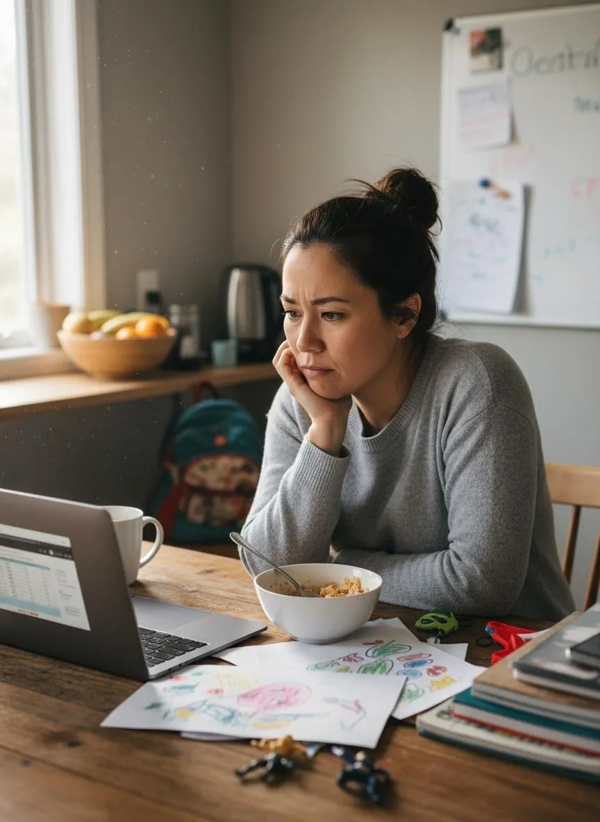 middle-aged woman sitting at table looking at laptop, slighty concerned expression