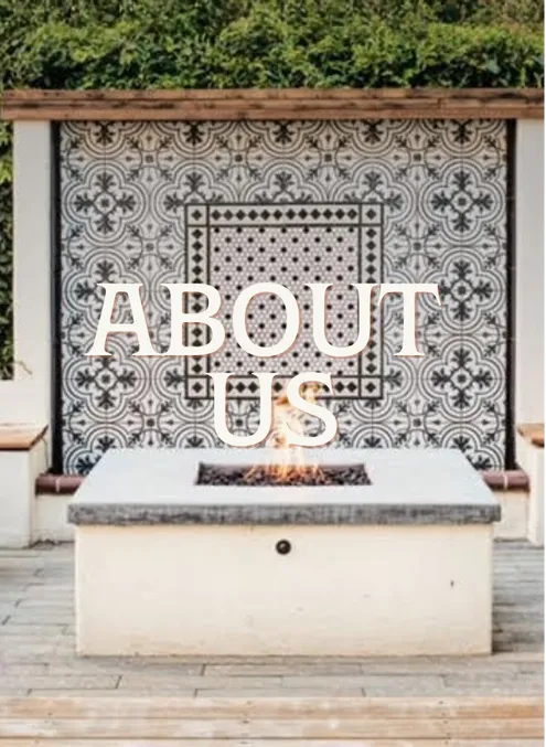 About Us call to action with a picture of a beautiful backyard area with fire place and locally sourced tiles as a backsplash