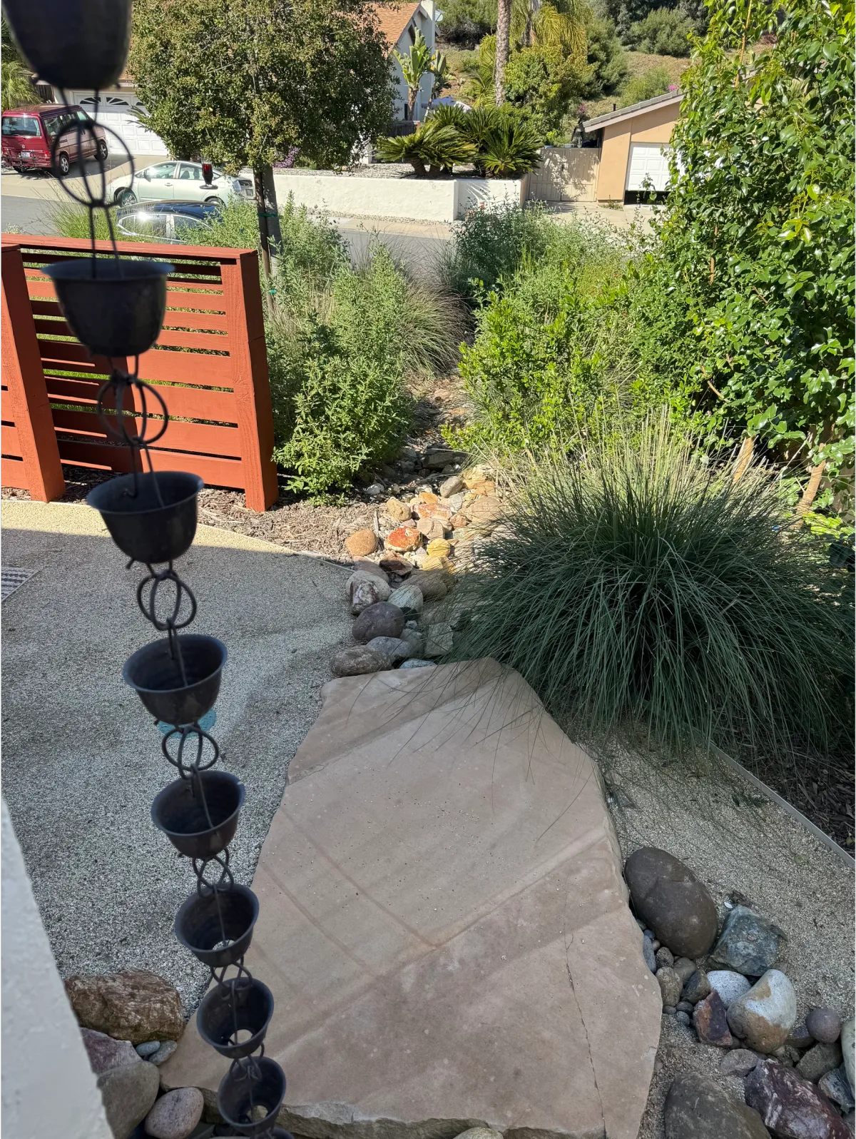 Metal rain chain hanging over a native garden with a red fence.