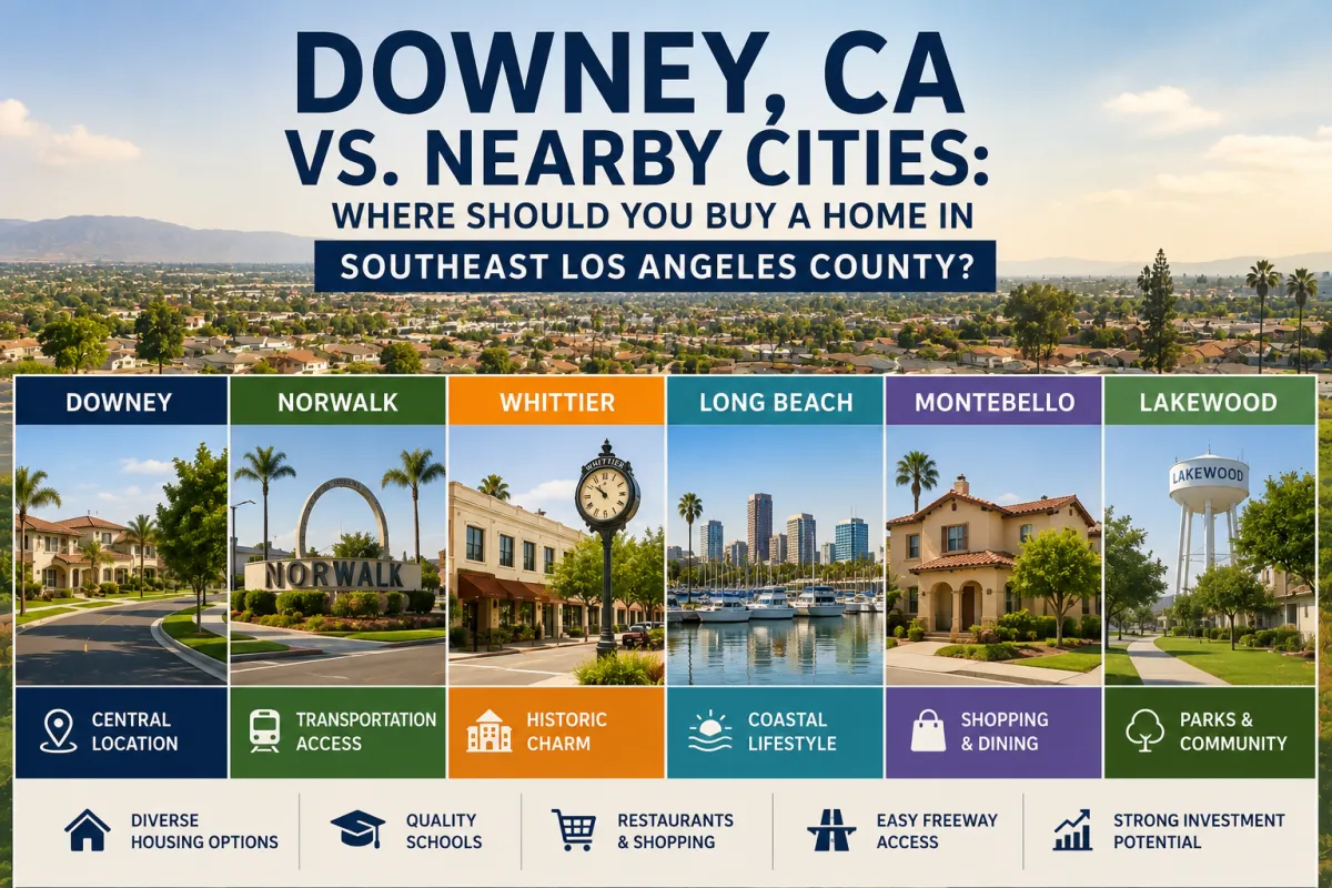 Comparison of Downey, CA and nearby Southeast Los Angeles County cities highlighting neighborhoods, housing options, amenities, and lifestyle benefits.