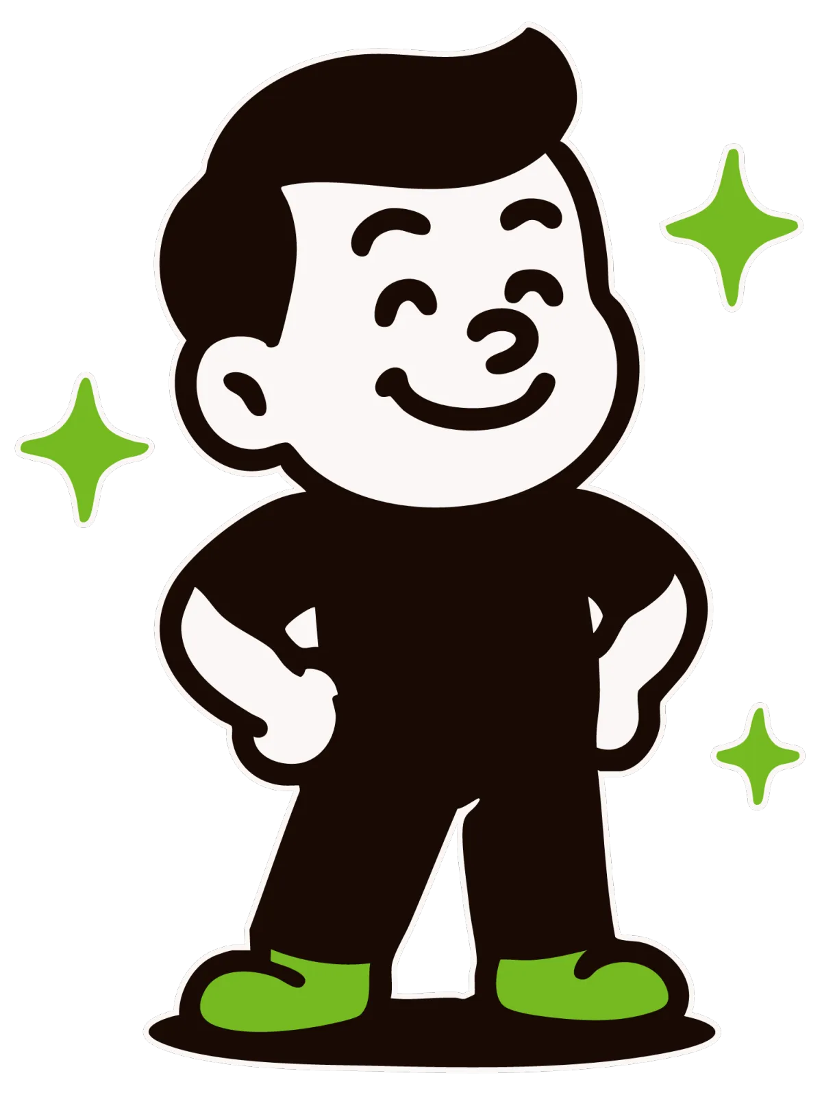Pocksito character illustration, friendly mascot with expressive face, standing with tablet, modern flat style, deep green background