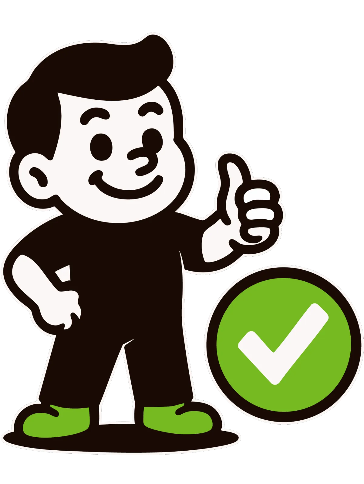 Pocksito character illustration, holding a shield with a checkmark, modern flat style, green-black background