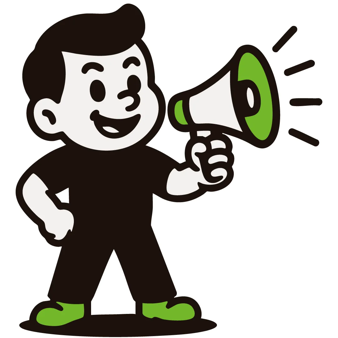 Pocksito character illustration, holding a megaphone, modern flat style, deep green background