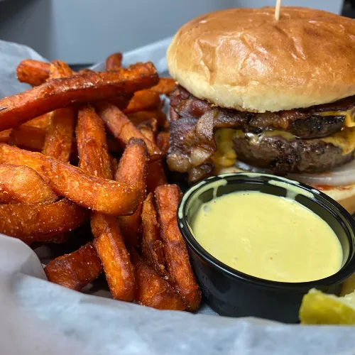 Cheese burger and sweeto potato fries