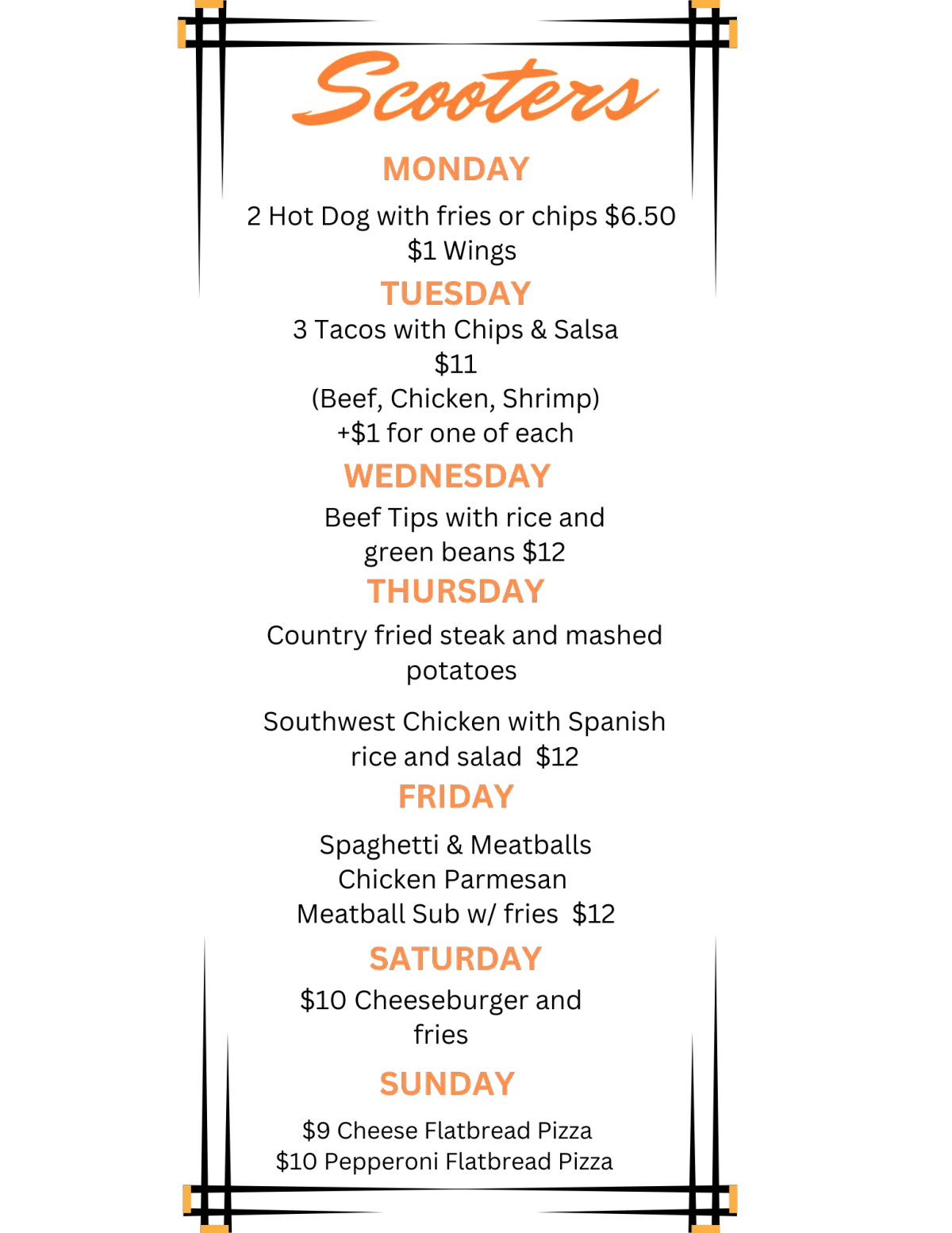 Daily Specials Menu 