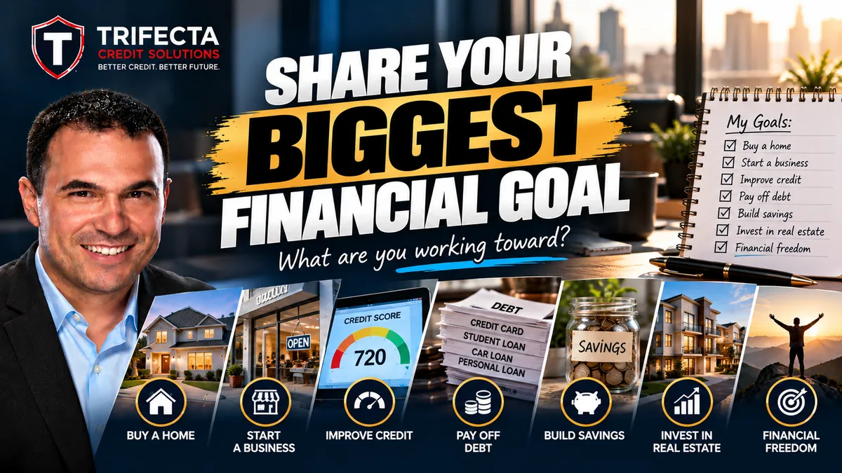 Share your biggest financial goal, from improving credit and buying a home to starting a business and building financial stability.