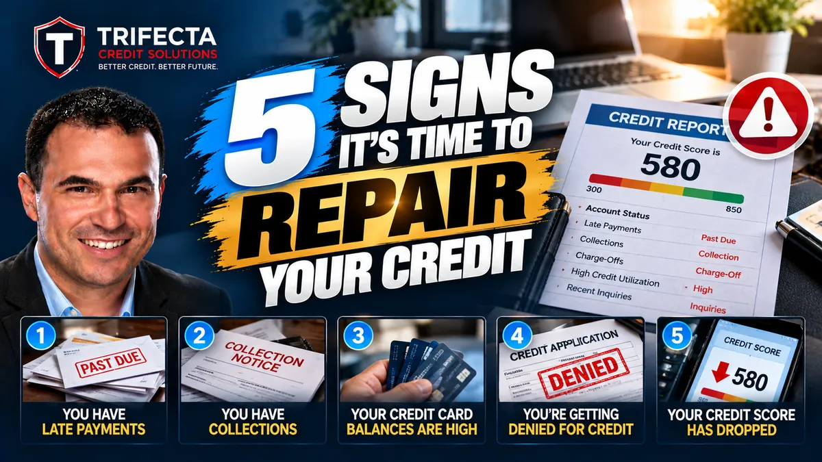 5 signs it's time to repair your credit, including late payments, collections, high balances, denied applications, and a dropping credit score.