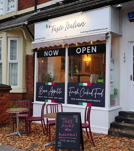 Taste Italian restaurant exterior with outdoor seating on Hucknall Road, Carrington, Nottingham