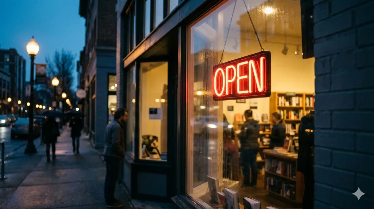 Here are a few options for the alt text, depending on how much detail you need: Concise (Best for general accessibility) A glowing red neon "OPEN" sign in a storefront window at dusk, with warm light spilling out onto a cool, shadowy city sidewalk.