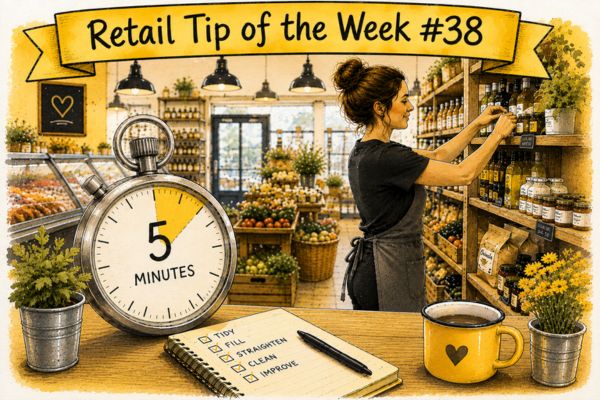Hand-drawn illustration of an independent retailer making five-minute improvements in a farm shop, with a timer, checklist and 'Retail Tip of the Week #38' banner.