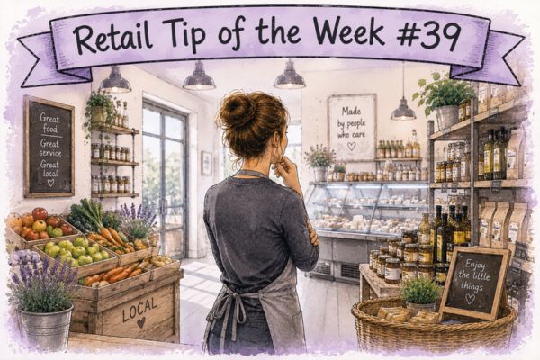Hand-drawn illustration of an independent food retailer standing thoughtfully inside a farm shop, beneath a 'Retail Tip of the Week #39' banner with a soft pastel purple colour palette.
