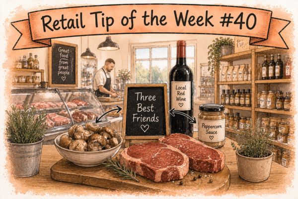 Hand-drawn illustration of steak displayed with its three best friends – mushrooms, peppercorn sauce and red wine – beneath a 'Retail Tip of the Week #40' banner.