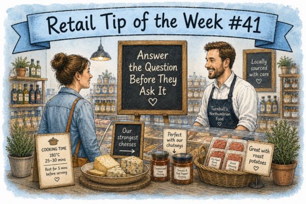 Hand-drawn illustration of a customer and independent food retailer at a shop counter, showing helpful signs that answer customer questions before they need to ask.