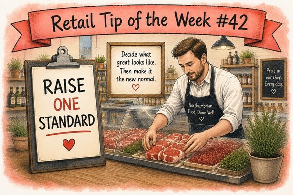 Hand-drawn illustration of an independent butcher raising the standard of a meat display, beneath a ‘Retail Tip of the Week #42’ banner and ‘Raise One Standard’ sign.