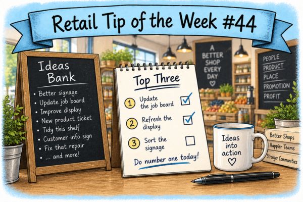 Hand-drawn illustration of an independent retailer’s Ideas Bank and Top Three action list, showing how to turn shop improvement ideas into action.