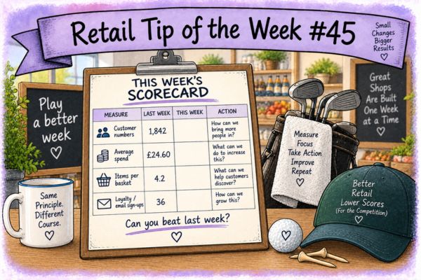 Hand-drawn illustration of a retail scorecard tracking customer numbers, average spend and items per basket, with golf clubs representing the challenge to beat last week's score.
