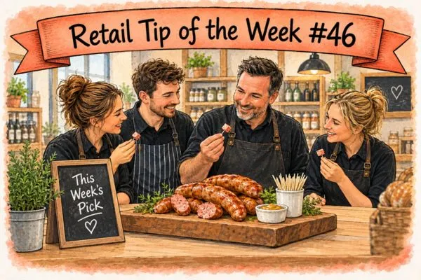 Hand-drawn illustration of an independent food retail team tasting and discussing their product of the week.
