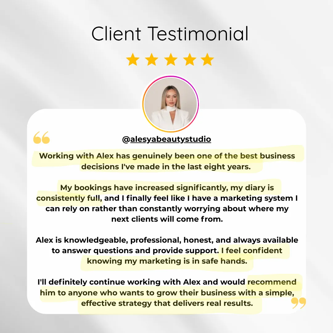 Alesya Beauty Studio testimonial for PMU Marketing Lounge